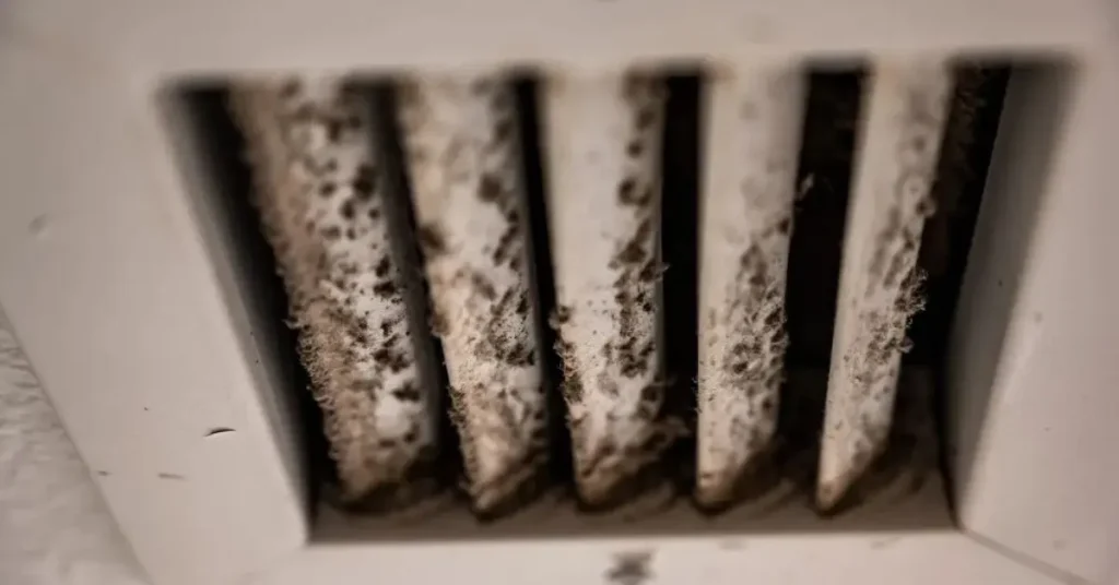 Close-up of a dirty air vent covered in mold and dust buildup, showing need for air duct mold removal.