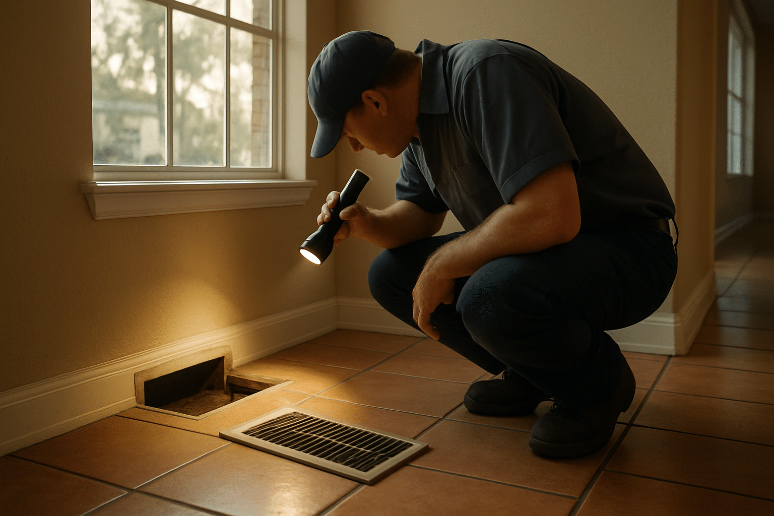 Establishes the core service topic at the hero section  -  a relatable in-home duct inspection scene grounded in Central