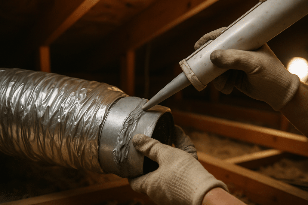 Shows the core air duct repair task - mastic sealing of flex duct joints - grounded in the attic setting and materia