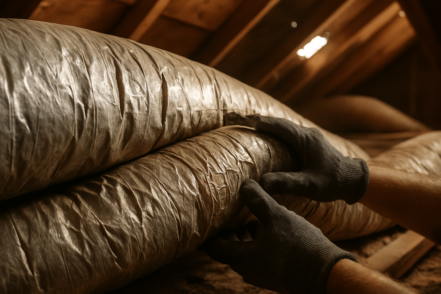 Shows the aged, heat-damaged flex duct in a Florida attic context that directly illustrates why St. Cloud ductwork degra