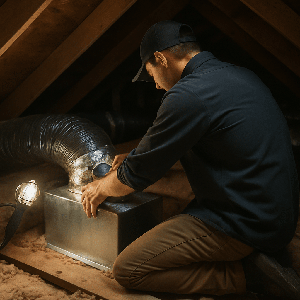 Depicts the hands-on duct repair process step in a realistic attic setting, matching the step-by-step repair process sec
